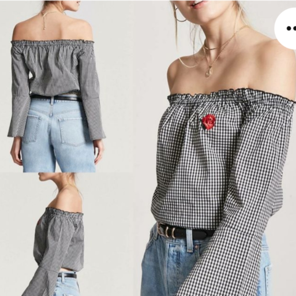 AMBIANCE Gingham Black & White Off the Shoulder Crop Top Blouse Size Large